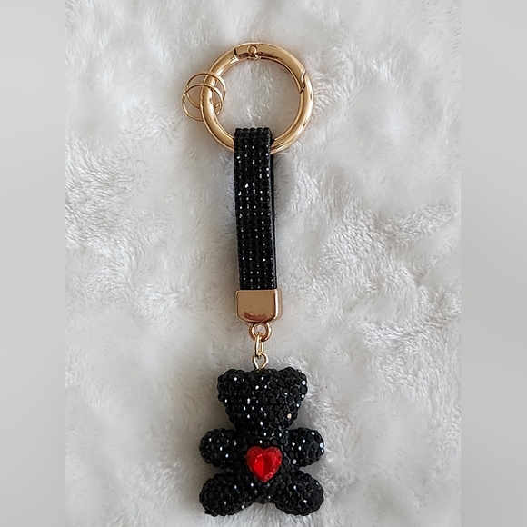 Accessories - Black Beaded Bear With Red Heart Keychain with Gold Ring